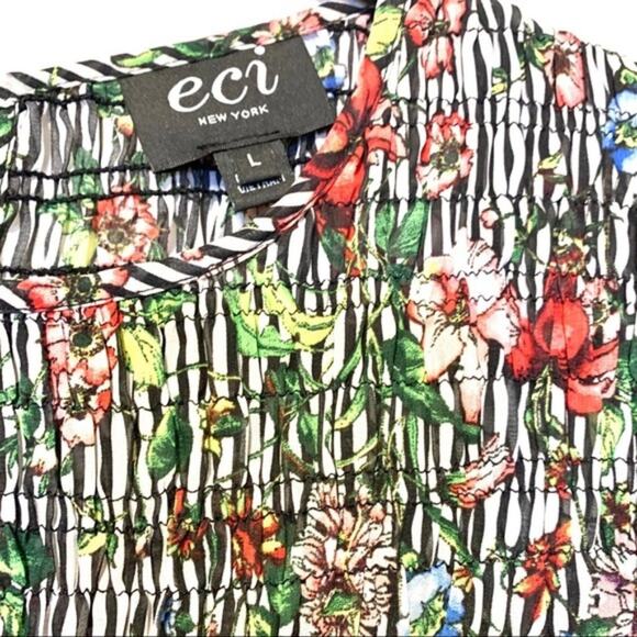 ECI Smocked Sheer Floral Striped Printed Three Quarter Sleeve Maxi Dress Large - Picture 7 of 9